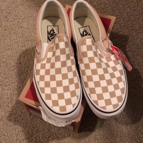 tan checkerboard slip on vans